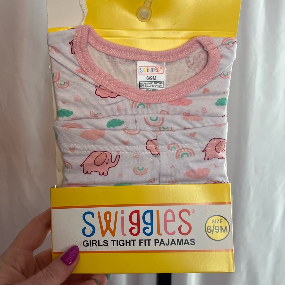 Swiggles Pink and White Elephant Print Tight Fit Pajamas, size 6/9 Months NWT